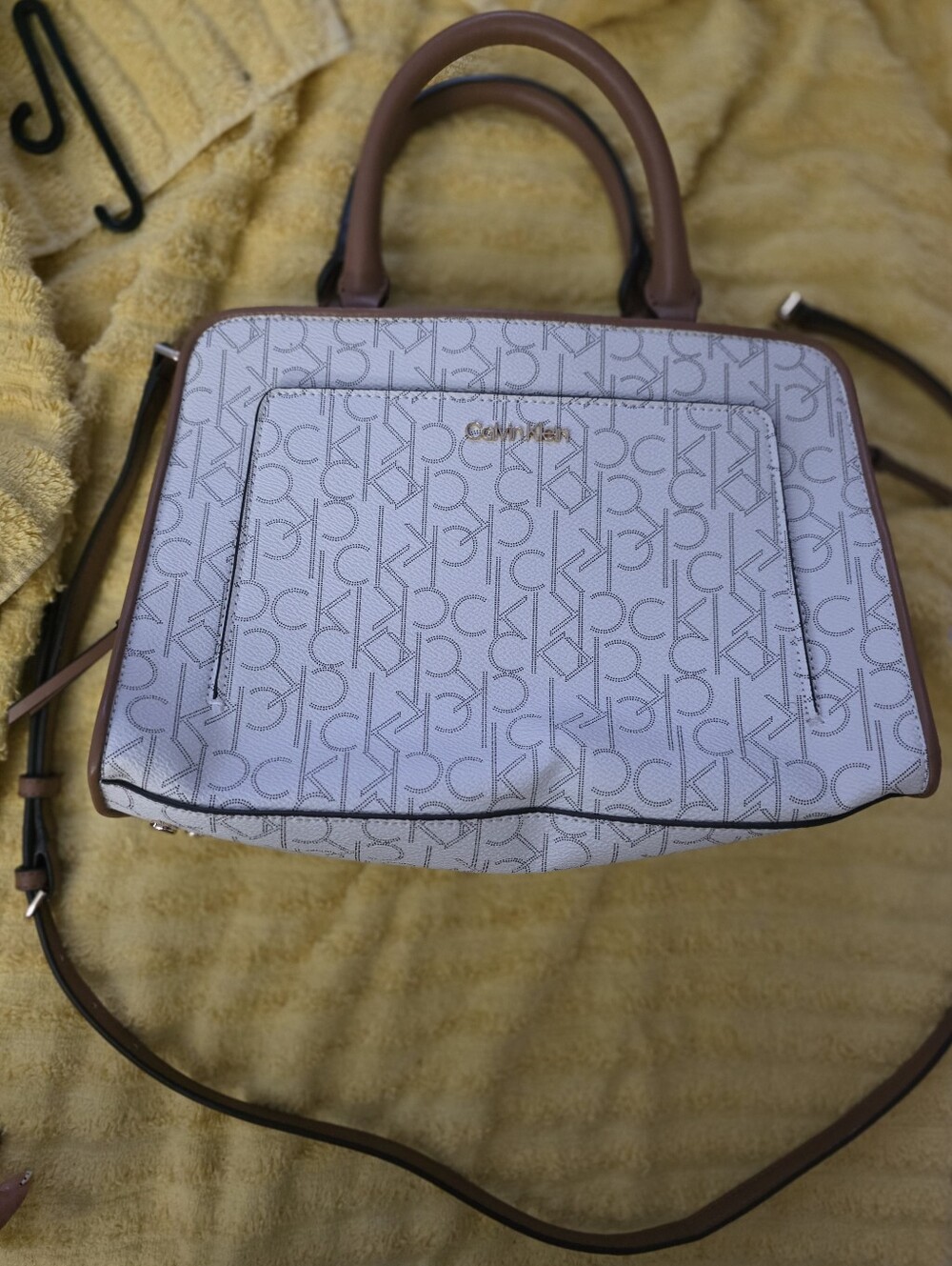 Calvin Klein White and Brown Logo Crossbody Satchel